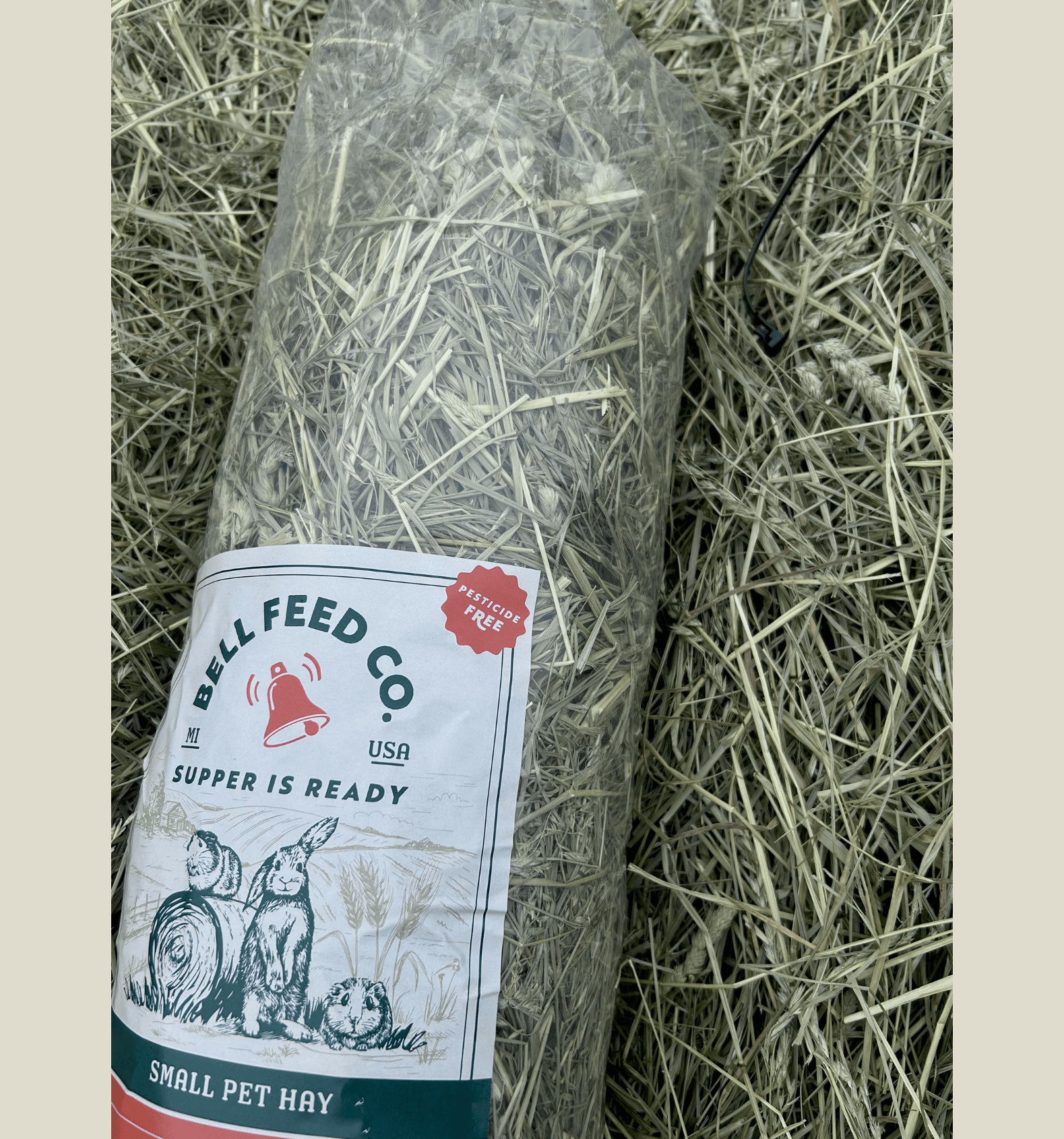 Bag of small pet hay from Bell Feed Co. on a bed of hay.